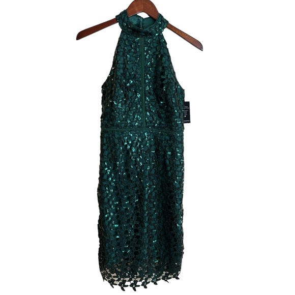 NEW Boston Proper Deep Emerald Sequin Lace High Mock Neck Sheath Dress Size 4 - Picture 8 of 16